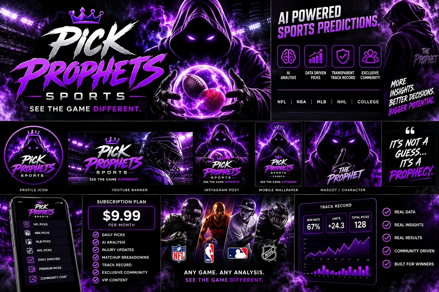 Full Pick Prophets visual identity concept board, including an illustrated mascot, website mockups, membership mockup, and fictional performance graphics